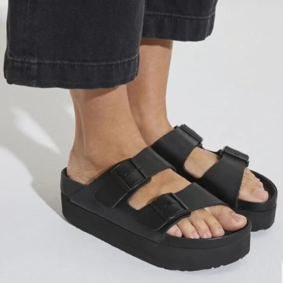 Birkenstock Arizona Flex Platform Sandals Black Leather US 10-10.5 / EU 41 - Picture 3 of 10